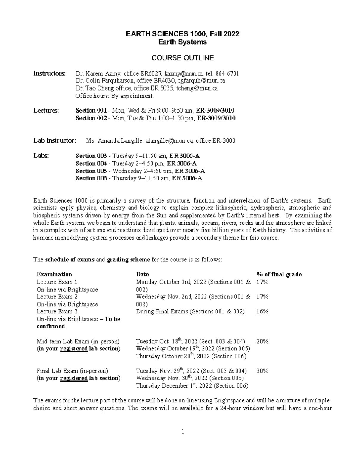 EASC 1000 2022-23F Syllabus - EARTH SCIENCES 1000, Fall 2022 Earth ...
