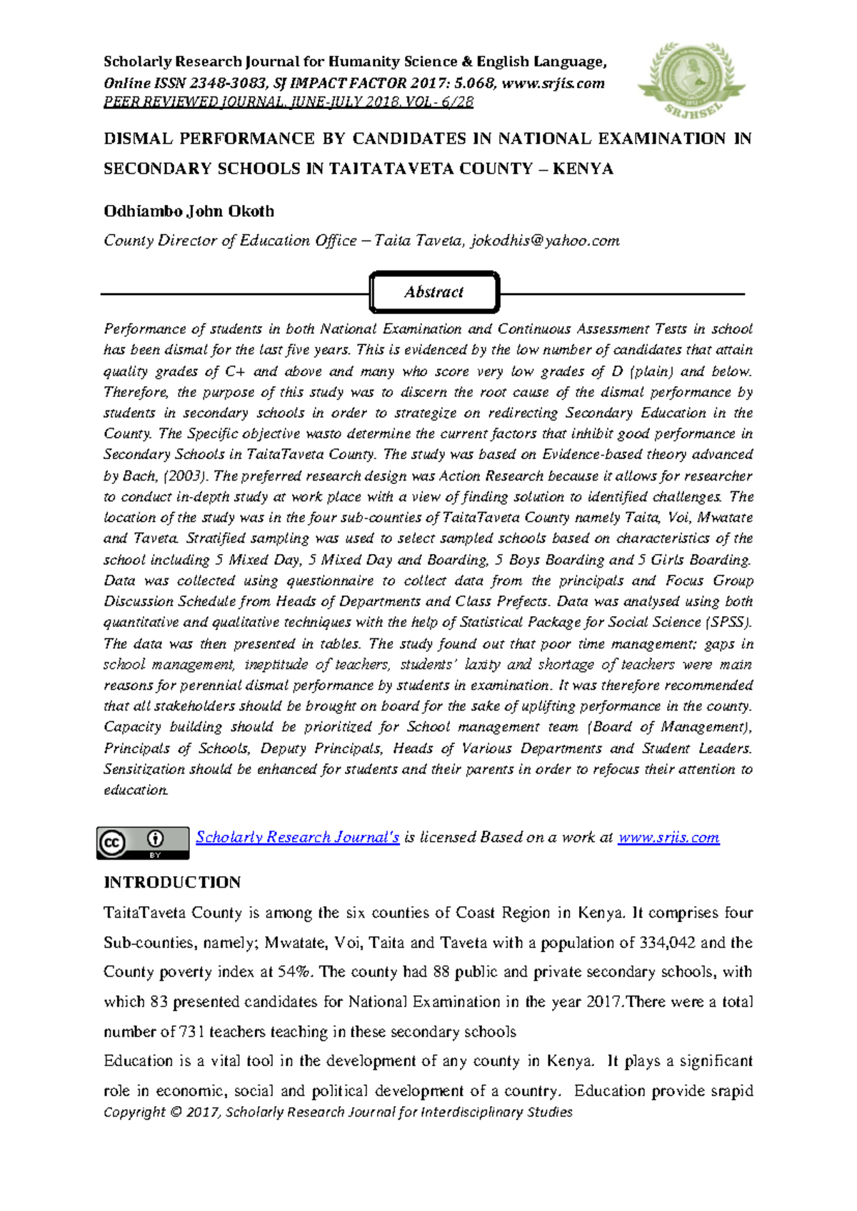 15330313525. Odhiambo John Okoth - Scholarly Research Journal for ...