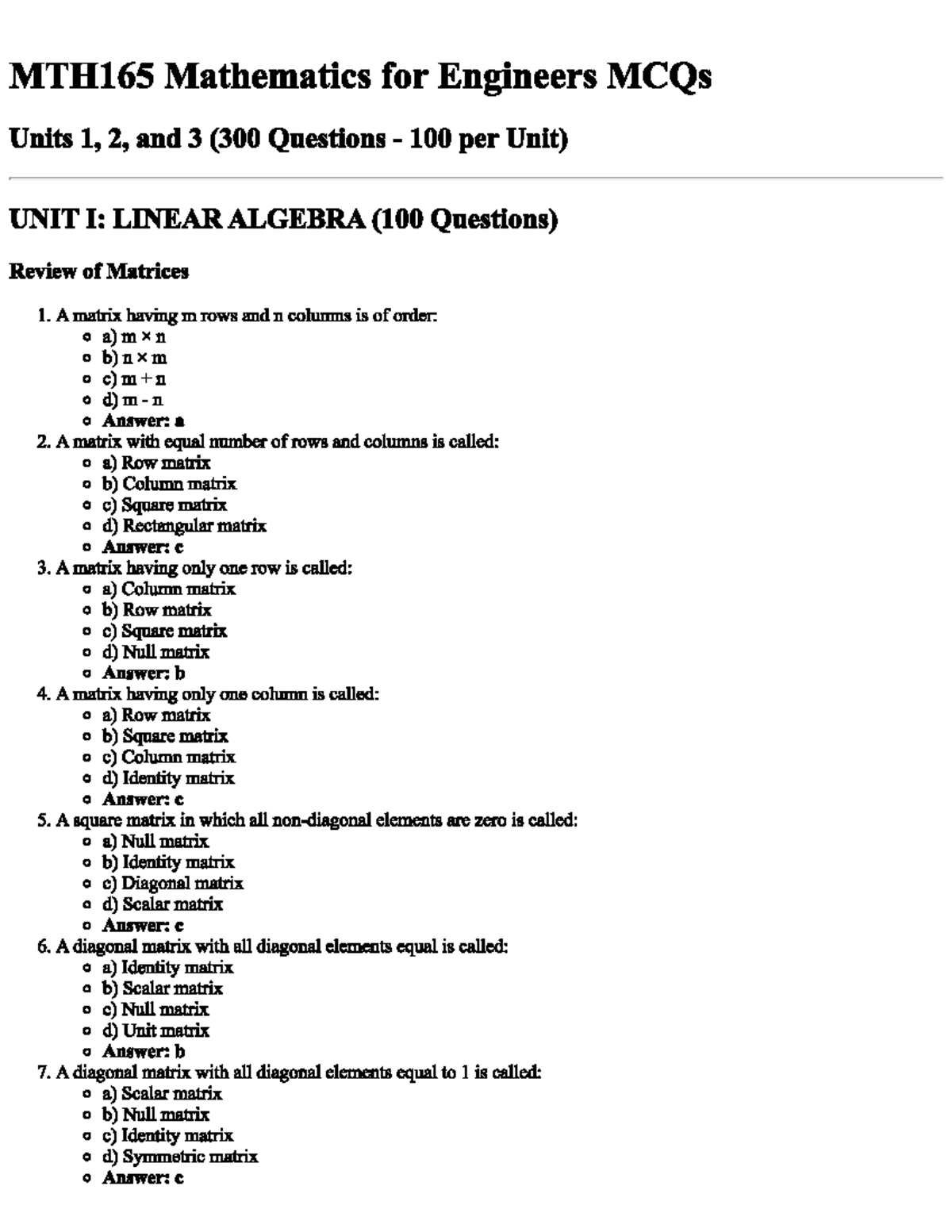 MTH165 Mathematics for Engineers: MCQs for Units 1, 2, and 3 - Studocu