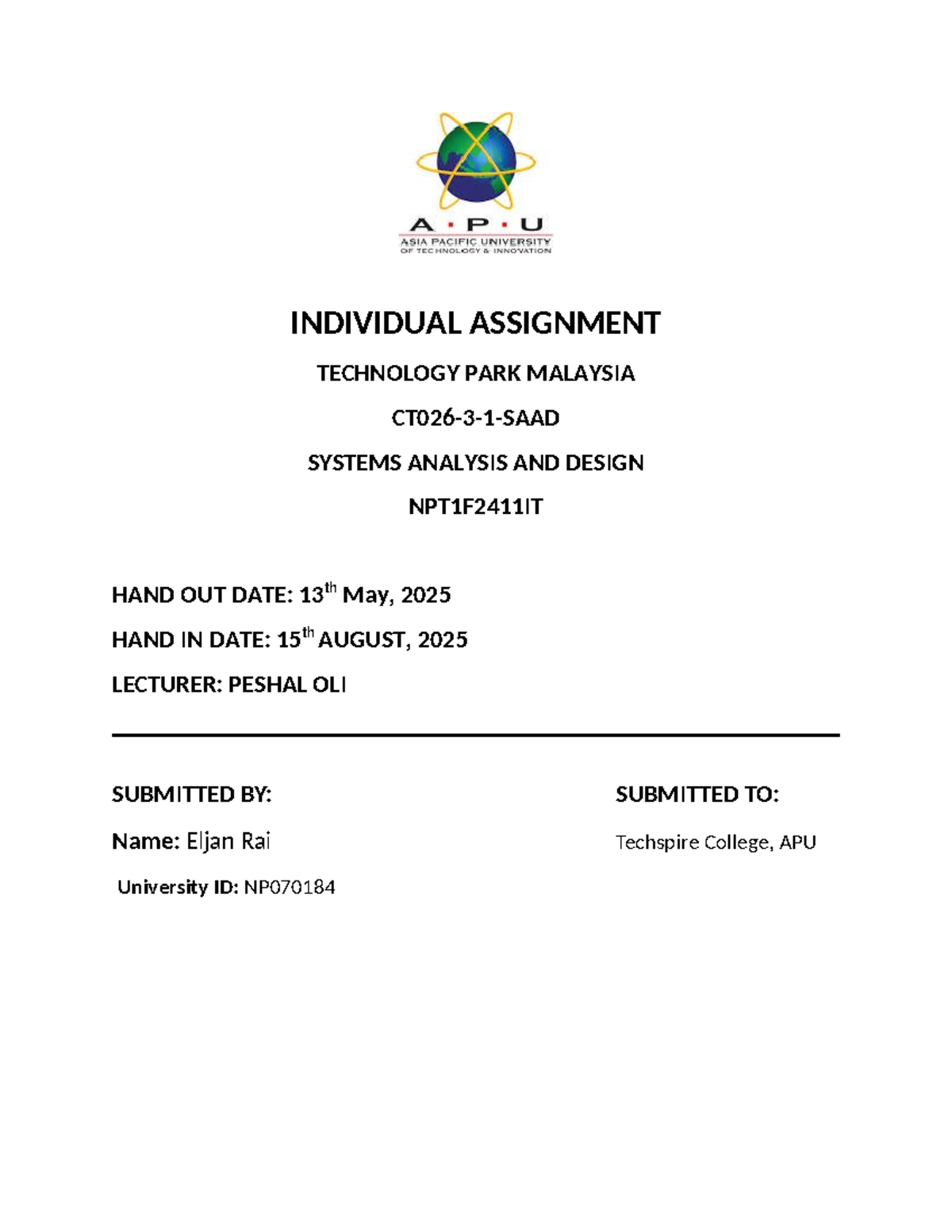 NPT1F2411IT Final Assignment: Systems Analysis & Design for TSI - Studocu