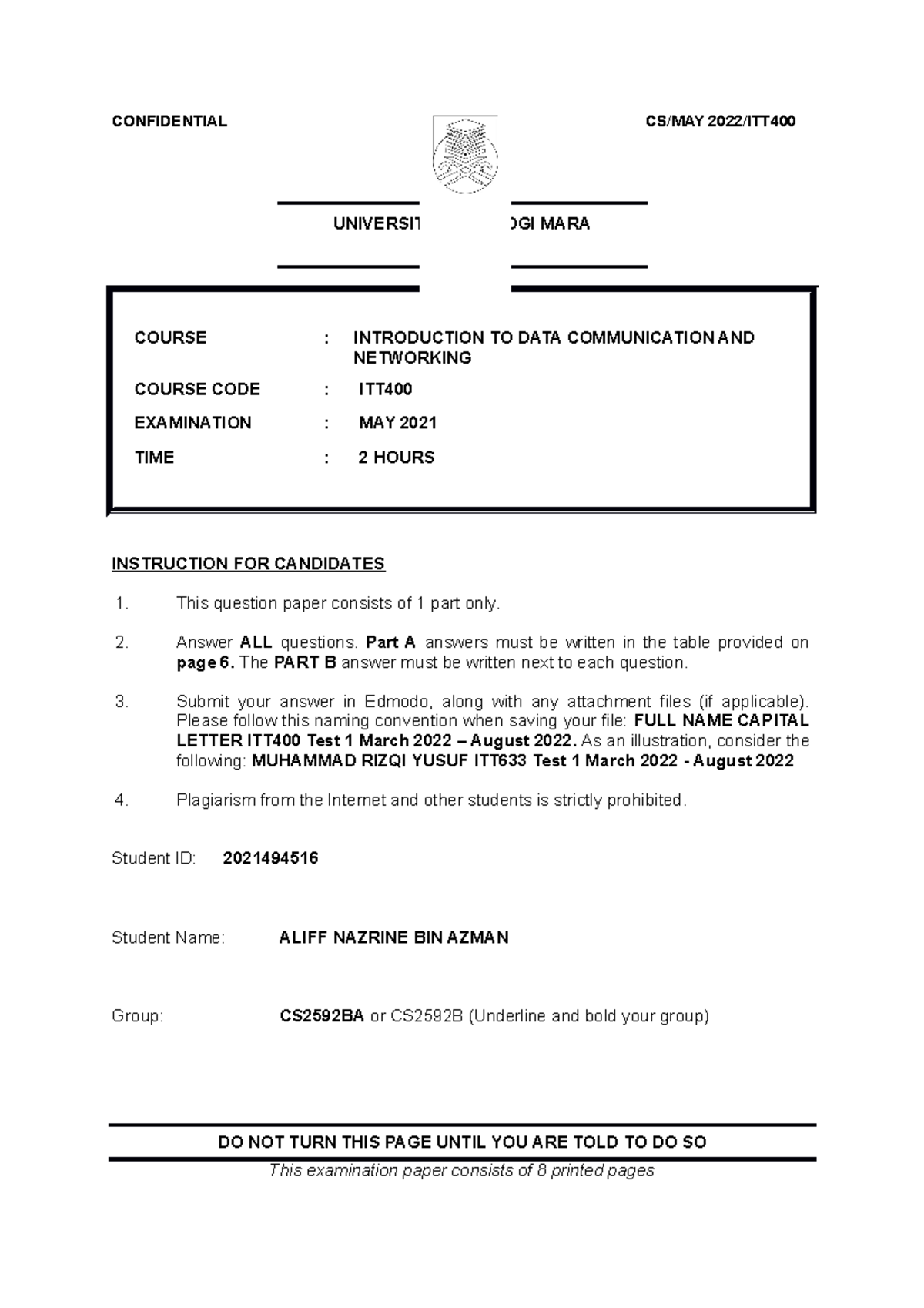 ITT400 Test 1 - Introduction to Data Communication & Networking Exam - Document Preview