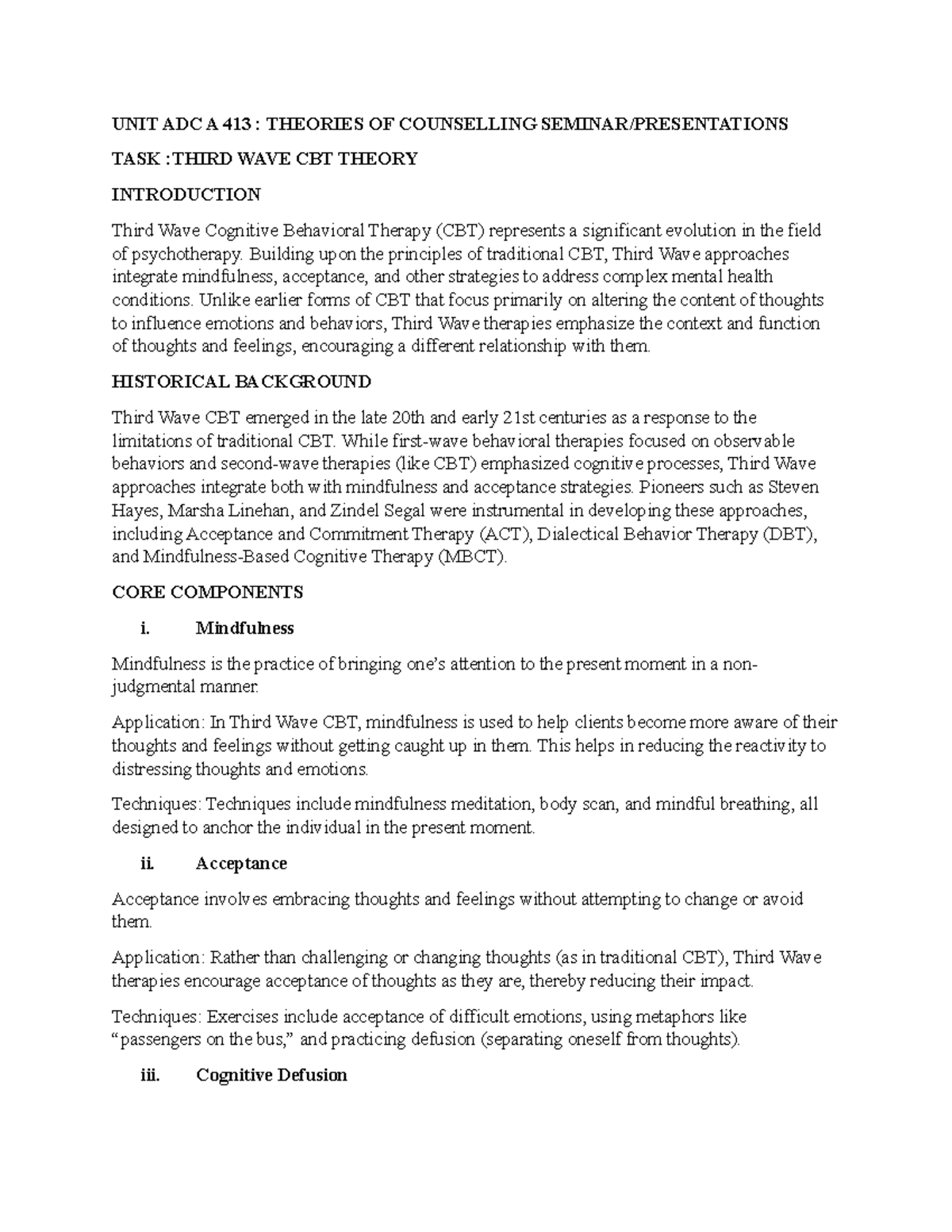 UNIT ADC A 413 - Theories of Third Wave Cognitive Behavioral Therapy ...