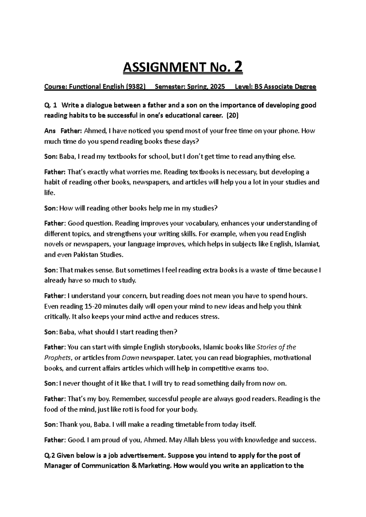 Assignment No. 2: Importance of Reading Habits & Career Applications ...