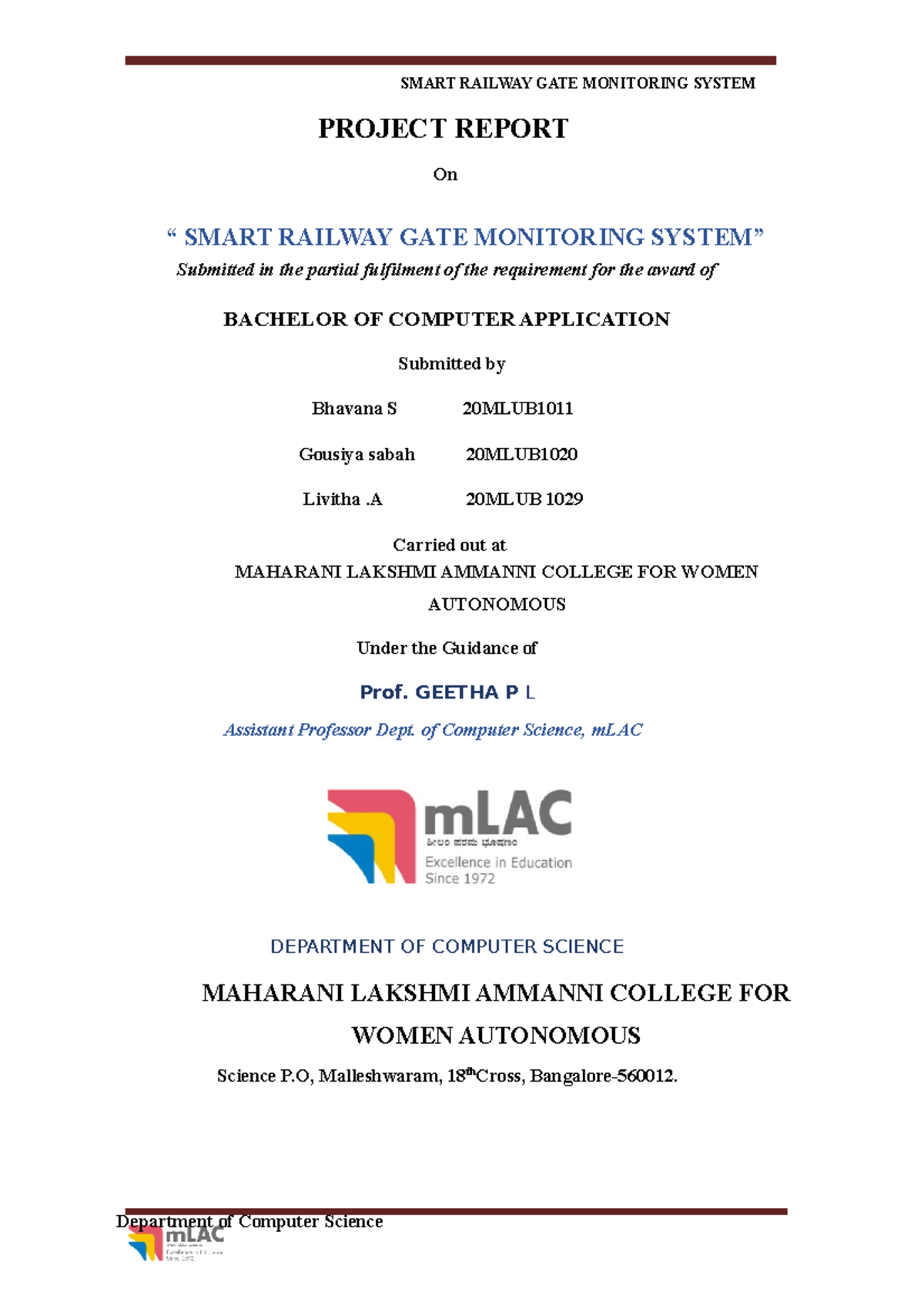 Project Documentation: Smart Railway Gate Monitoring System - BCA - Studocu