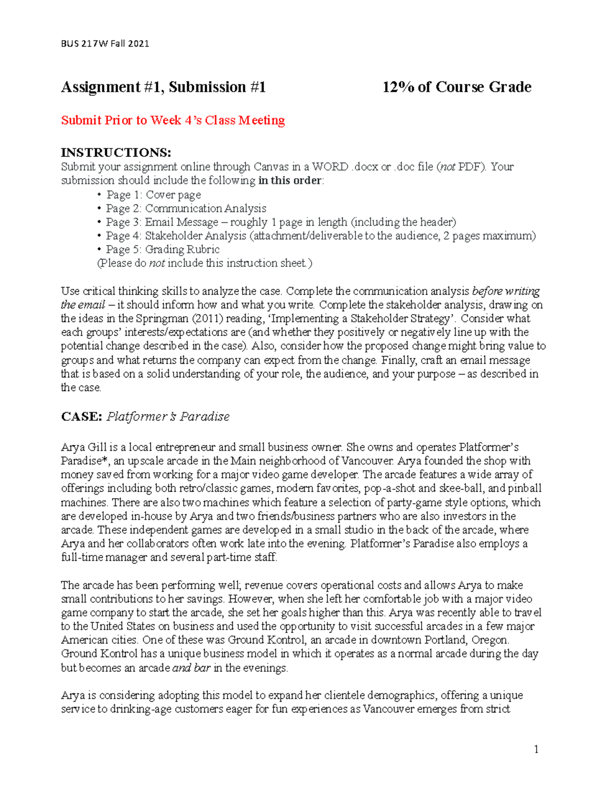 BUS217 Assignment 1 Guidelines and Case - BUS217 - SFU - Studocu