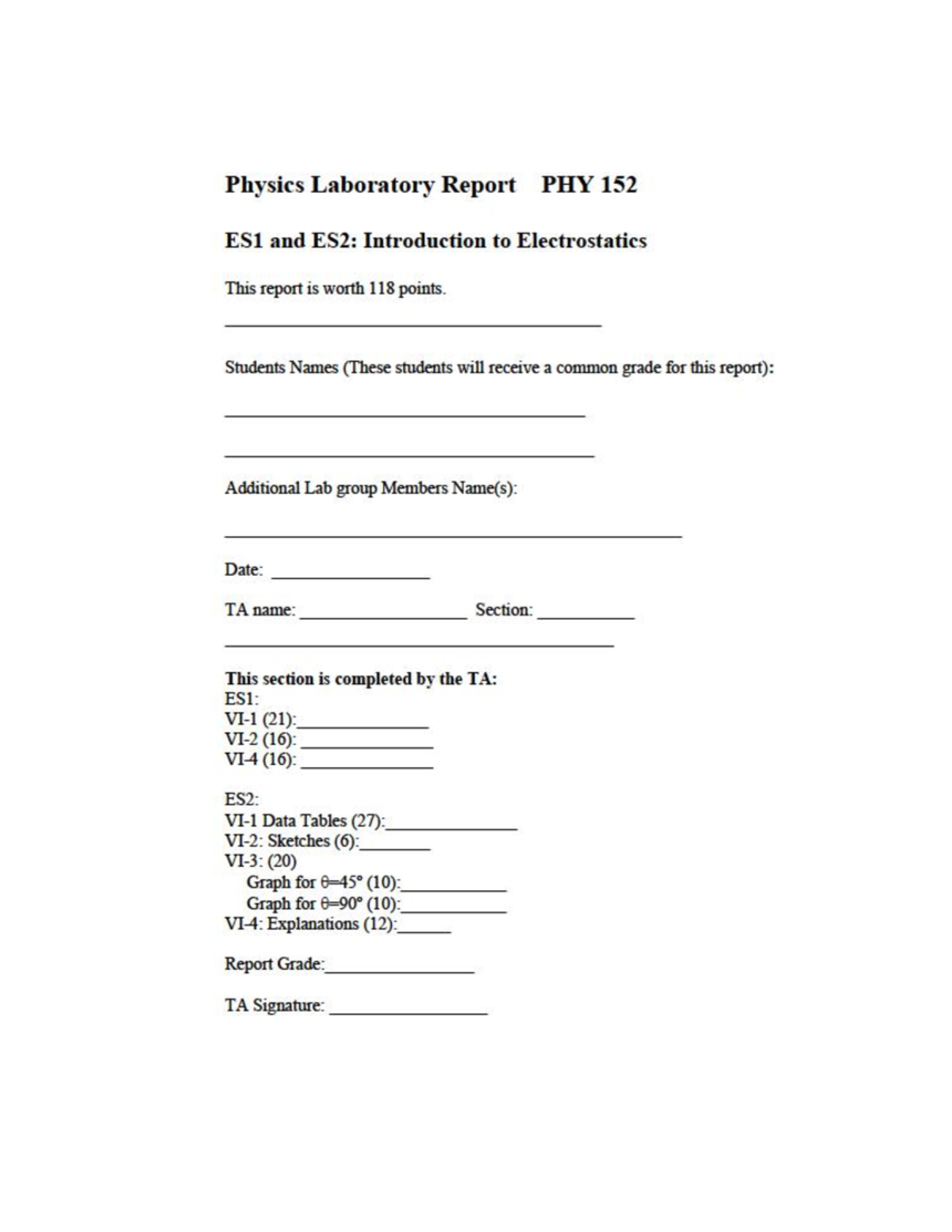 ES1 & ES2 - ES1 and ES2 full lab report - ES VI- 1 Example calculation ...