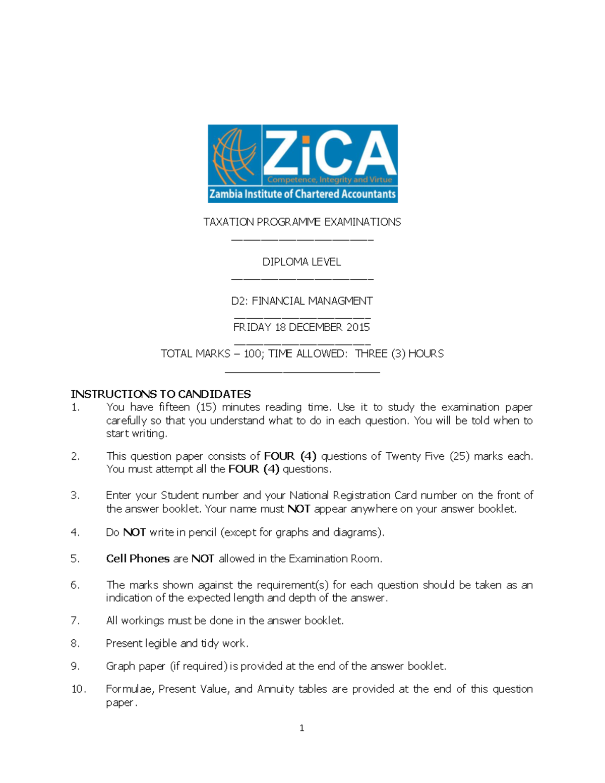 D2: Financial Management Final Exam Solutions - December 2015 - Studocu