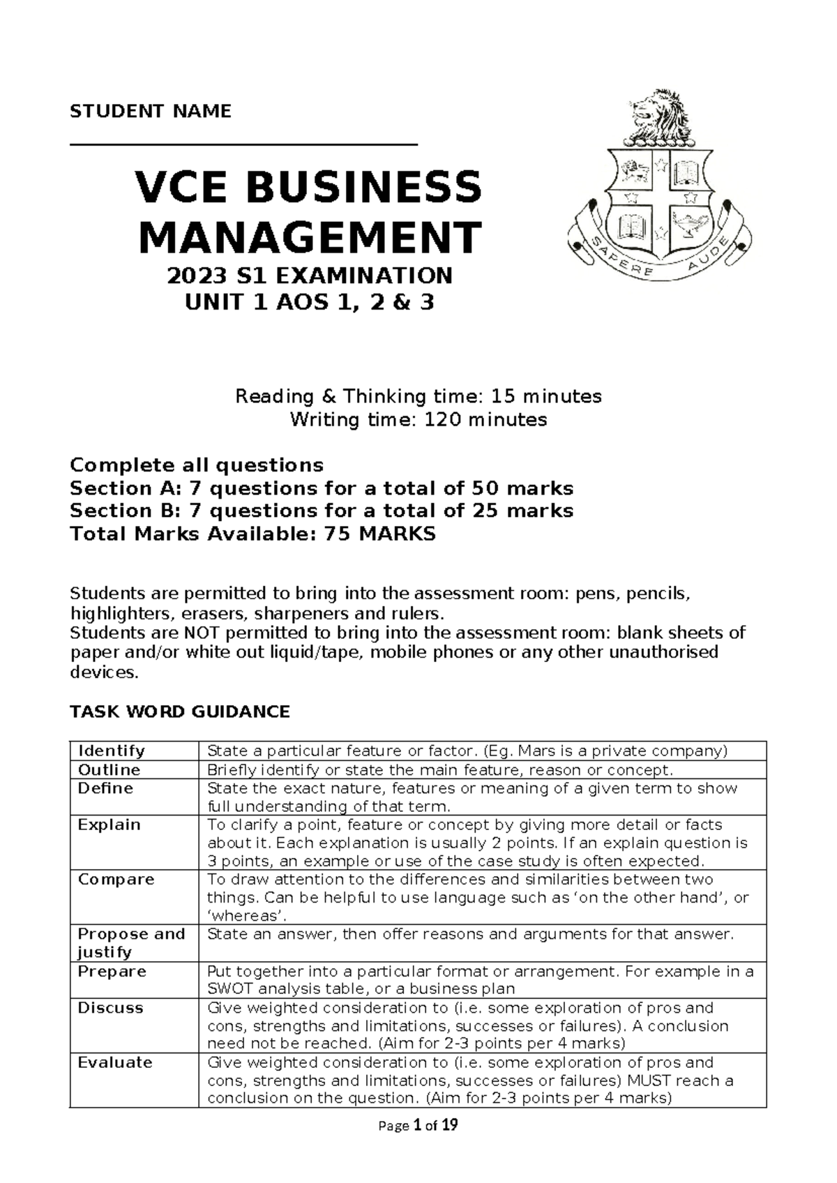 VCE BUSINESS MANAGEMENT 2023 S1 PRACTICE EXAM UNIT 1 AOS 1-3 - Studocu