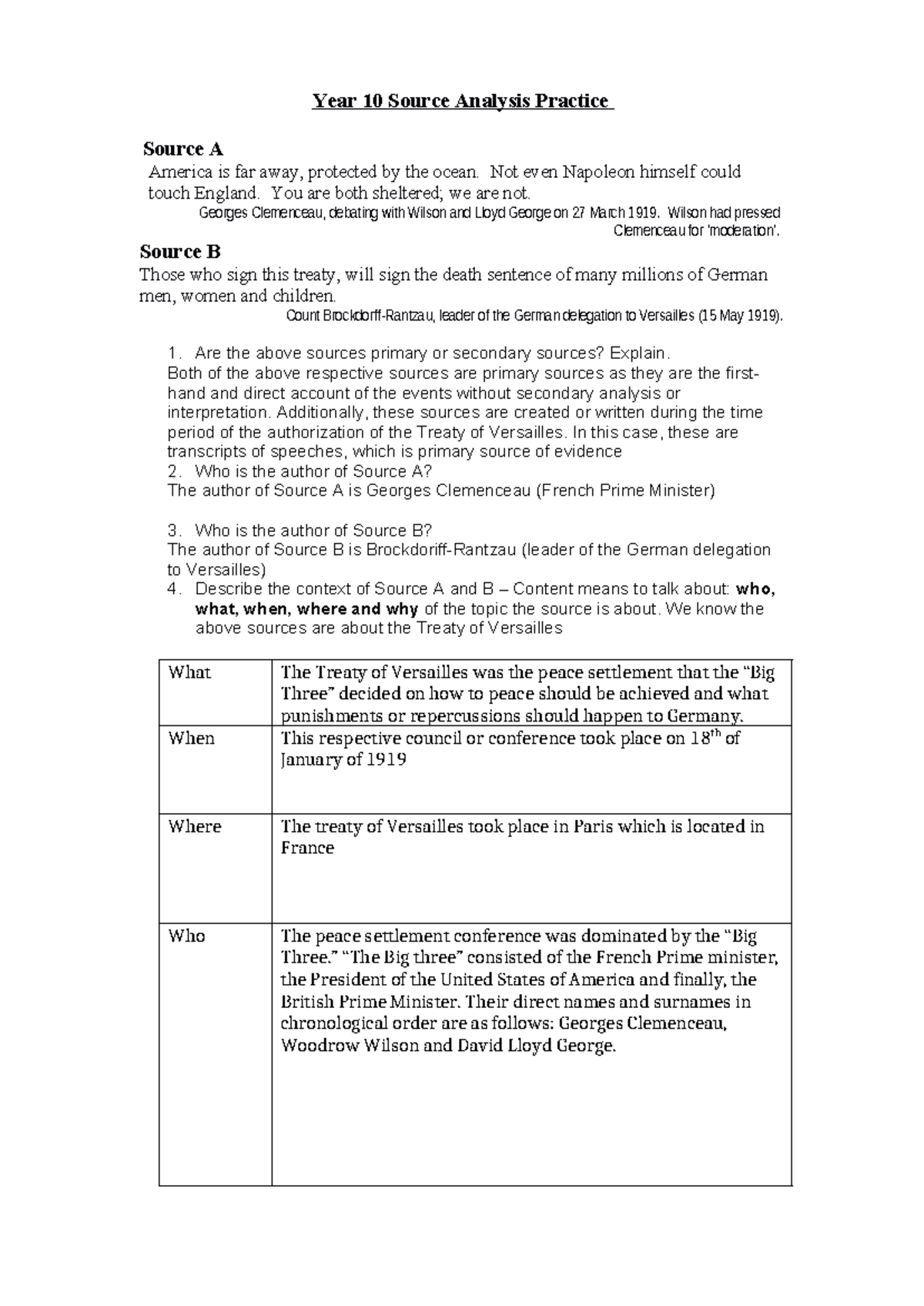 Year 10 Source Analysis TOV: Examining the Treaty of Versailles Sources ...
