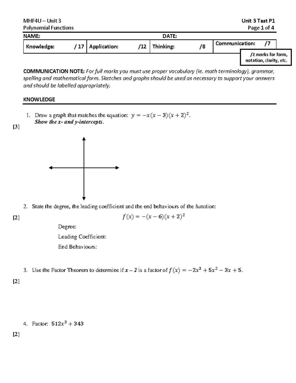 Unit 3 Test_MHF4U - Polynomial Functions Page 1 of 4 NAME: DATE ...