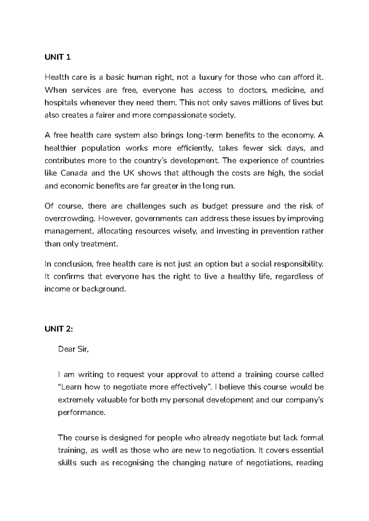 UNIT 1 & 2: The Importance of Free Health Care & Negotiation Skills ...