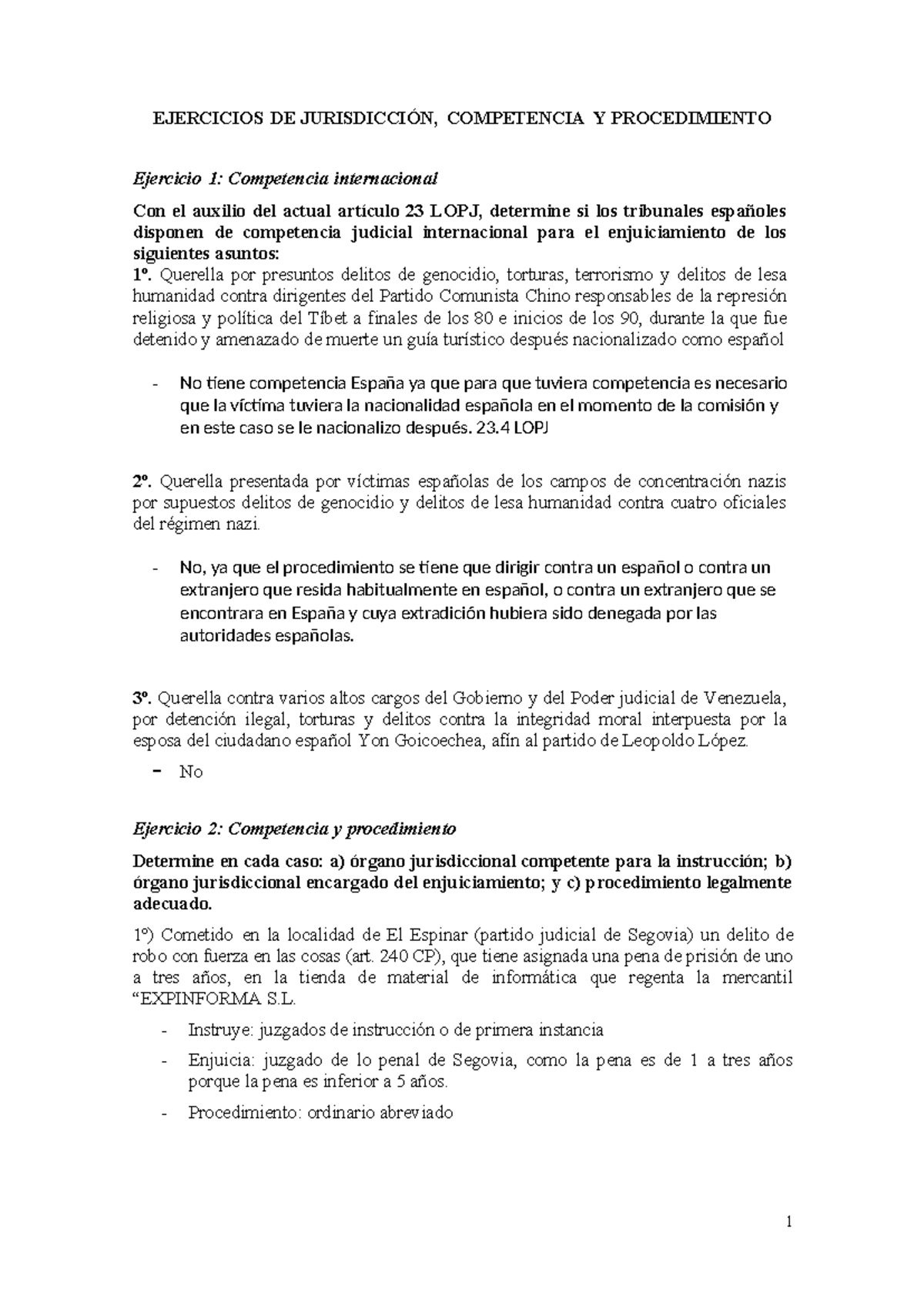 Ejercicios 1 y 2 - 1 EJERCICIOS DE JURISDICCIÓN, COMPETENCIA Y ...