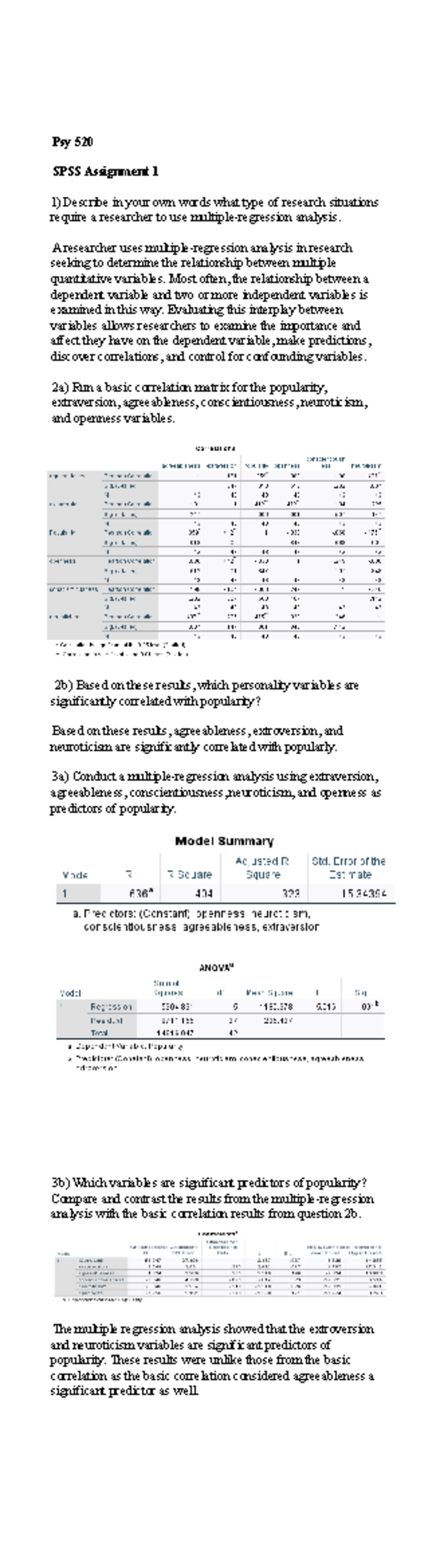 Psy 520 - SPSS Assignment: Multiple Regression Analysis Insights - Studocu
