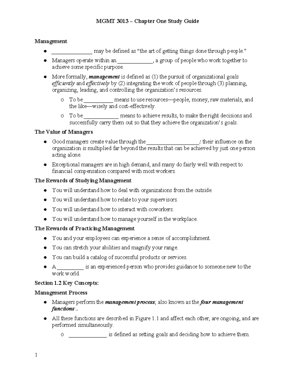 MGMT 3013 Chapter 1 Study Guide: Fundamentals of Management - Studocu