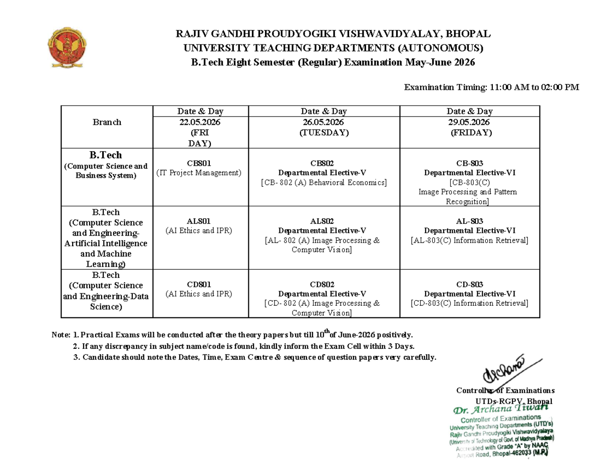B.Tech 8th Sem Exam Schedule 2026 - CSE & CSBS Courses - Studocu