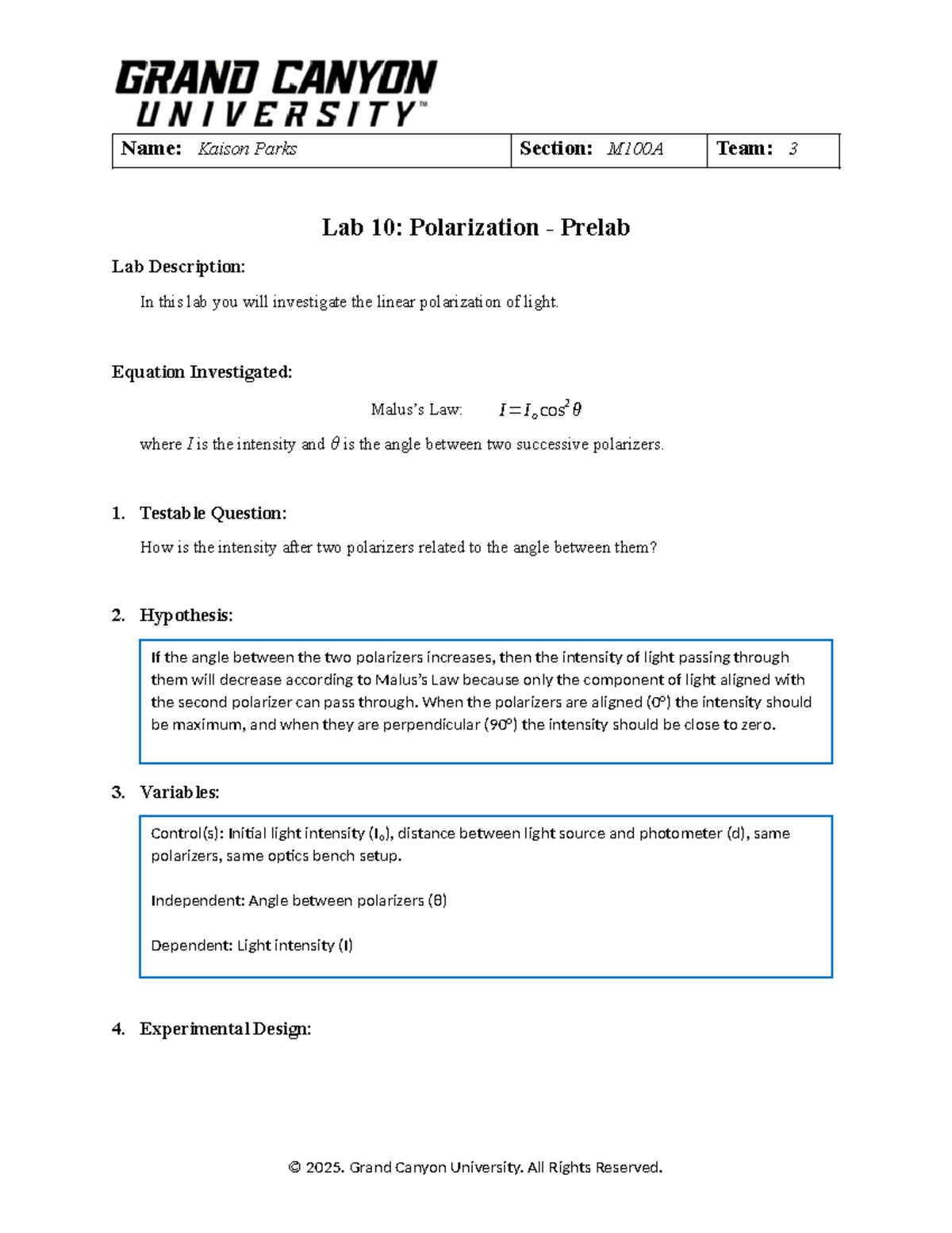 PHY112L M100A Lab 10 Prelab: Investigating Light Polarization - Studocu