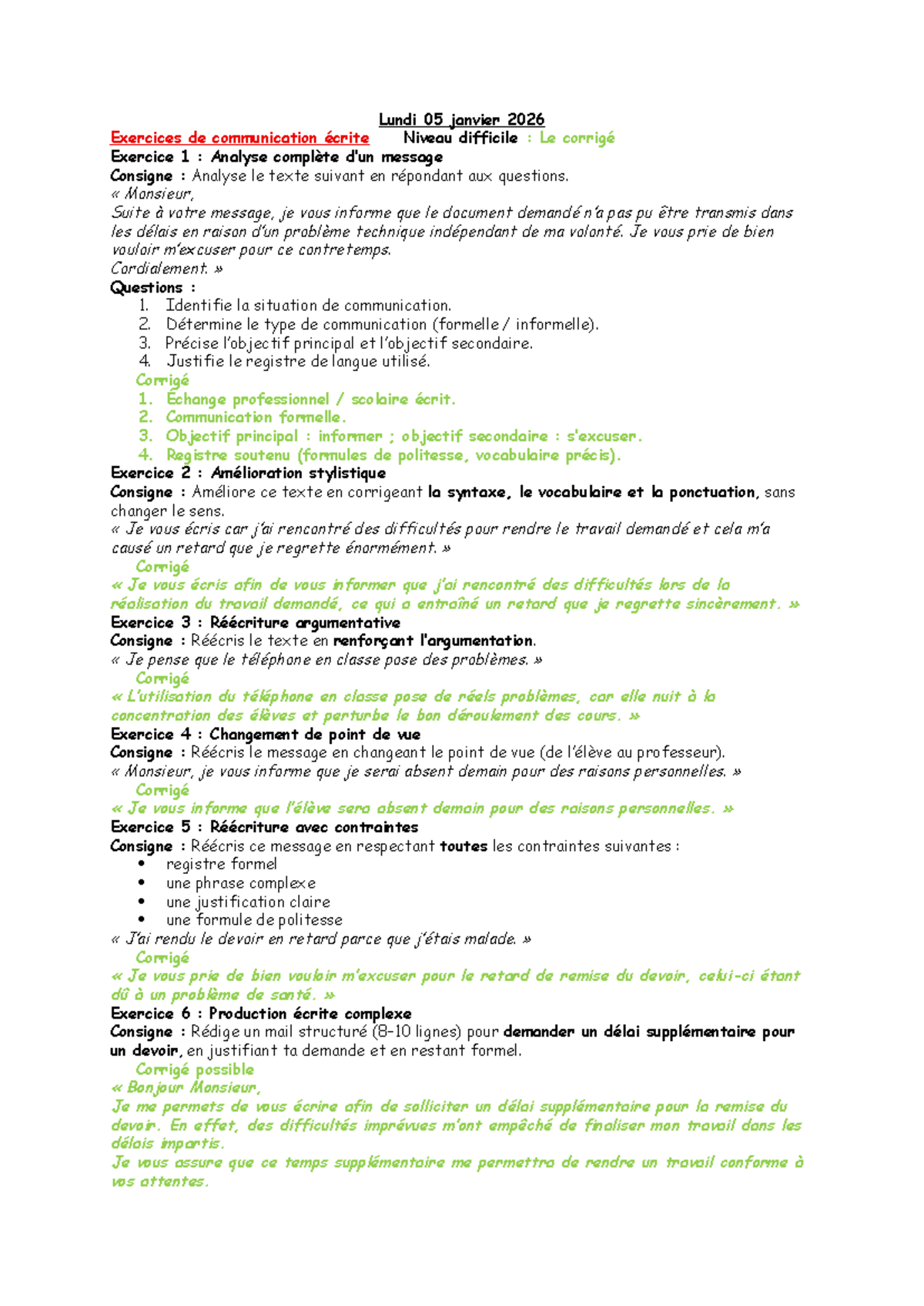 Exercices de communication écrite Niveau difficile : Corrigé complet ...