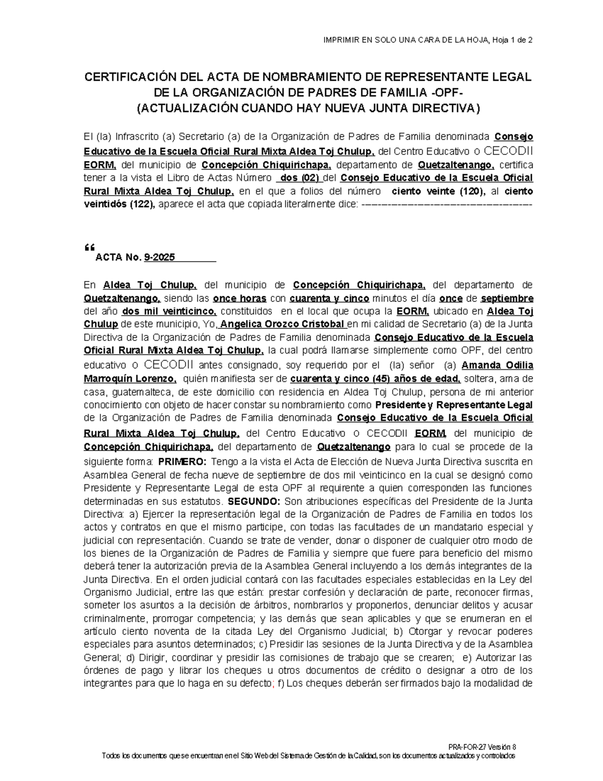 PRA FOR 27: Certificación de Nombramiento OPF 2025 - Studocu