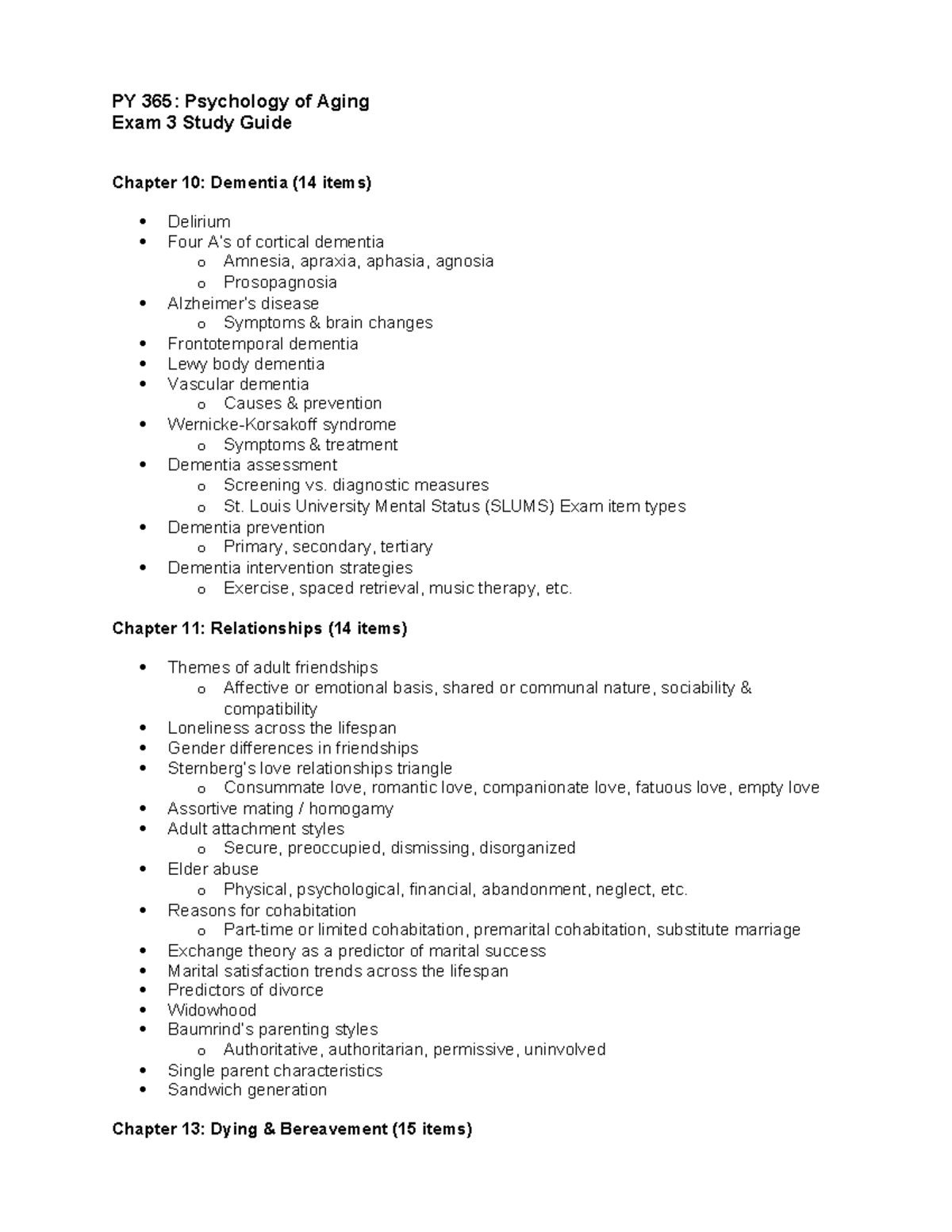 PY 365 Exam 3 Study Guide - PY 365: Psychology of Aging Exam 3 Study ...
