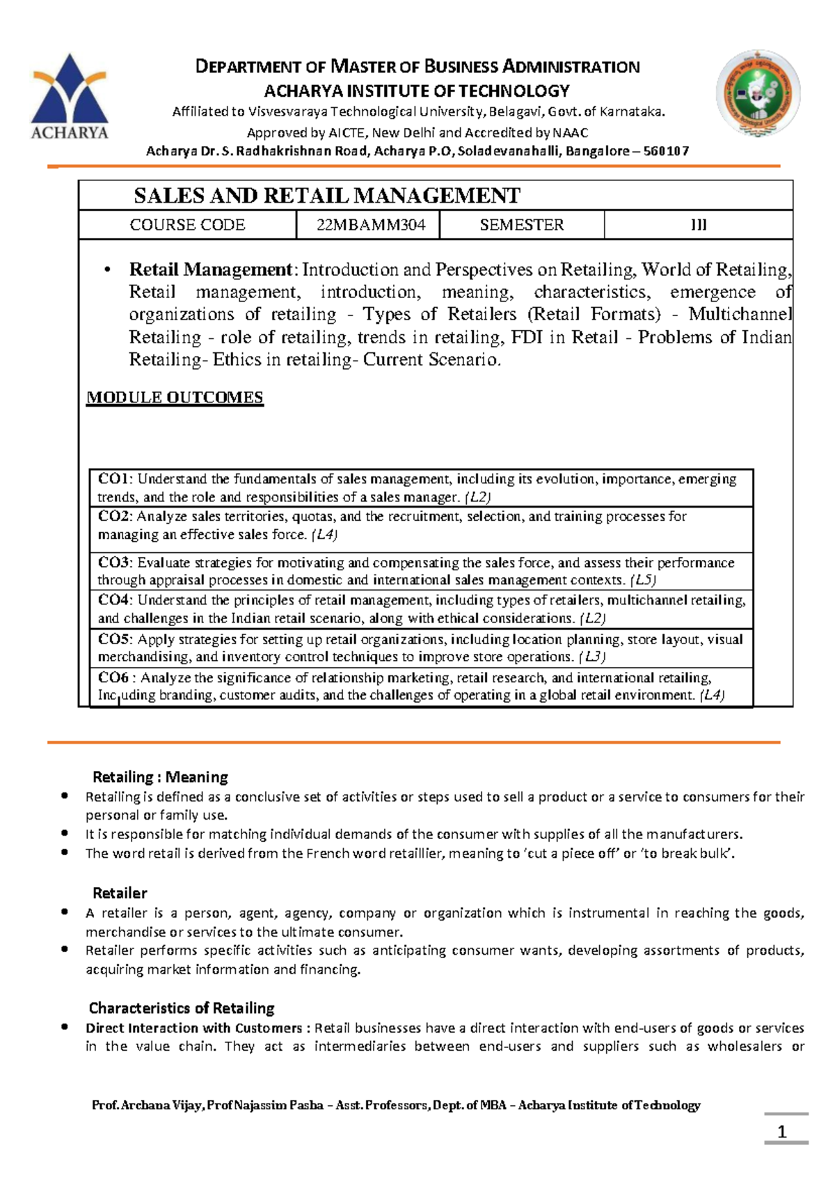 Sales & Retail Management Notes - 22MBAMM304 Module 04 - Studocu
