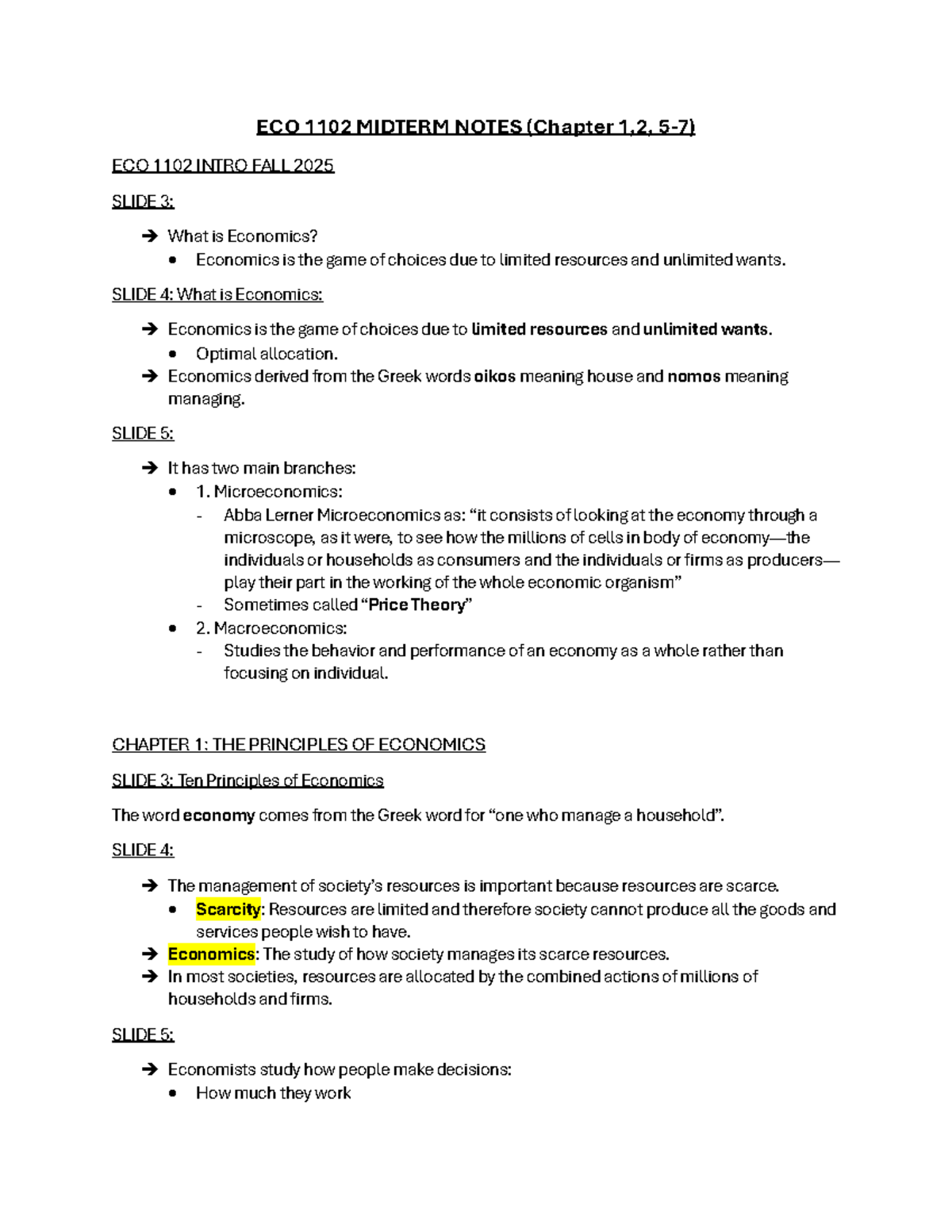 ECO 1102 Midterm Study Notes: Principles of Economics Overview - Studocu