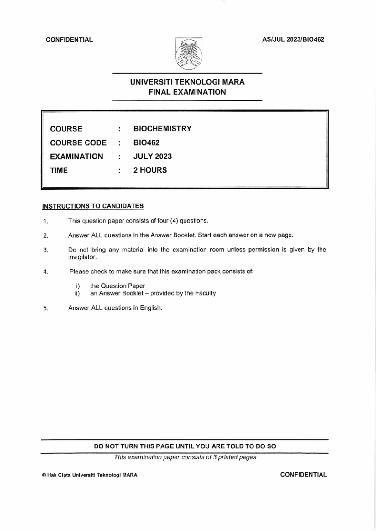 BIO462 - Final Exam Paper for Biochemistry, Jan 2024 - Studocu