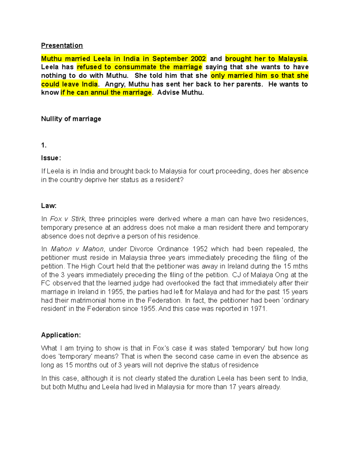 Nullity of Marriage Case Study: Muthu vs. Leela (T5Q2) - Studocu