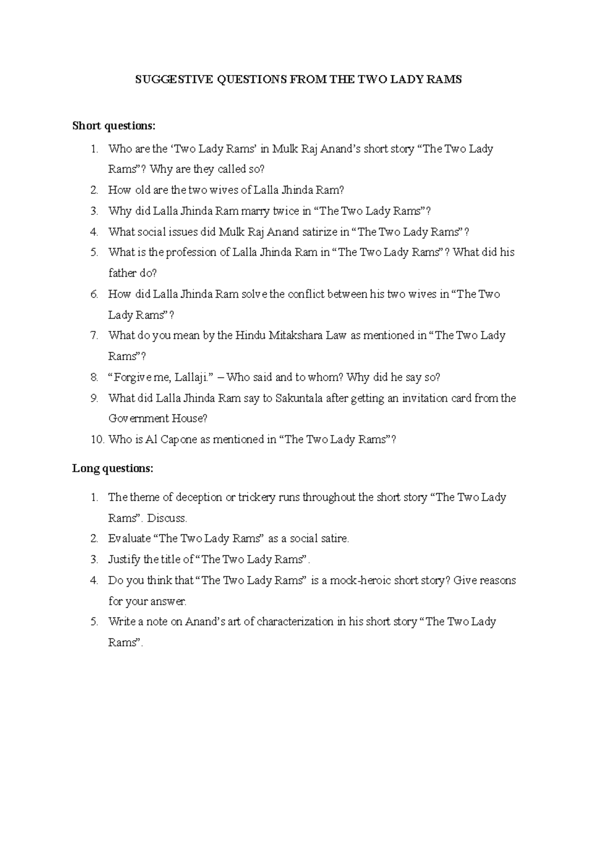 Short Questions and Answers on 