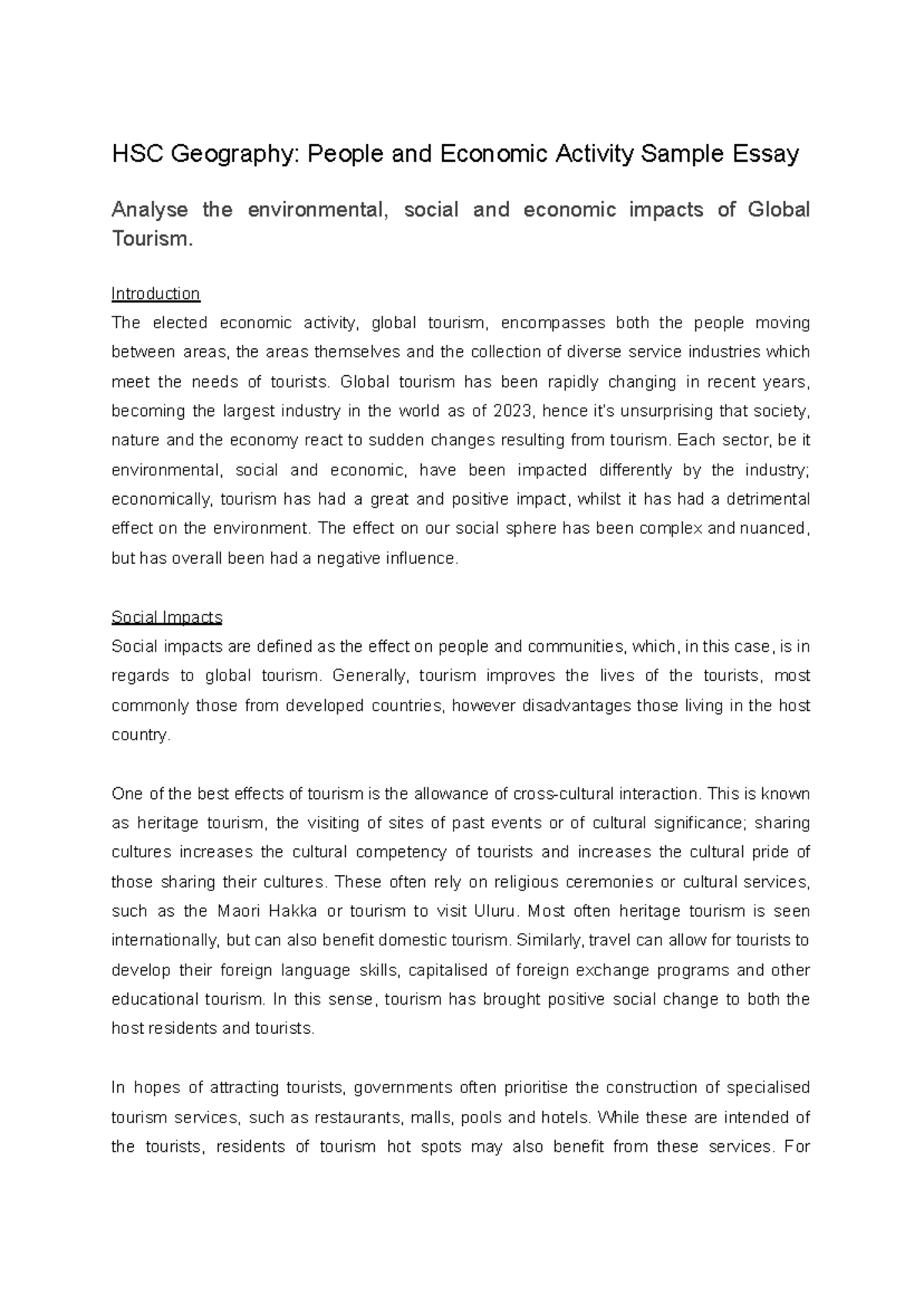 HSC Geography People and Economic Activity Sample Essay - Introduction ...