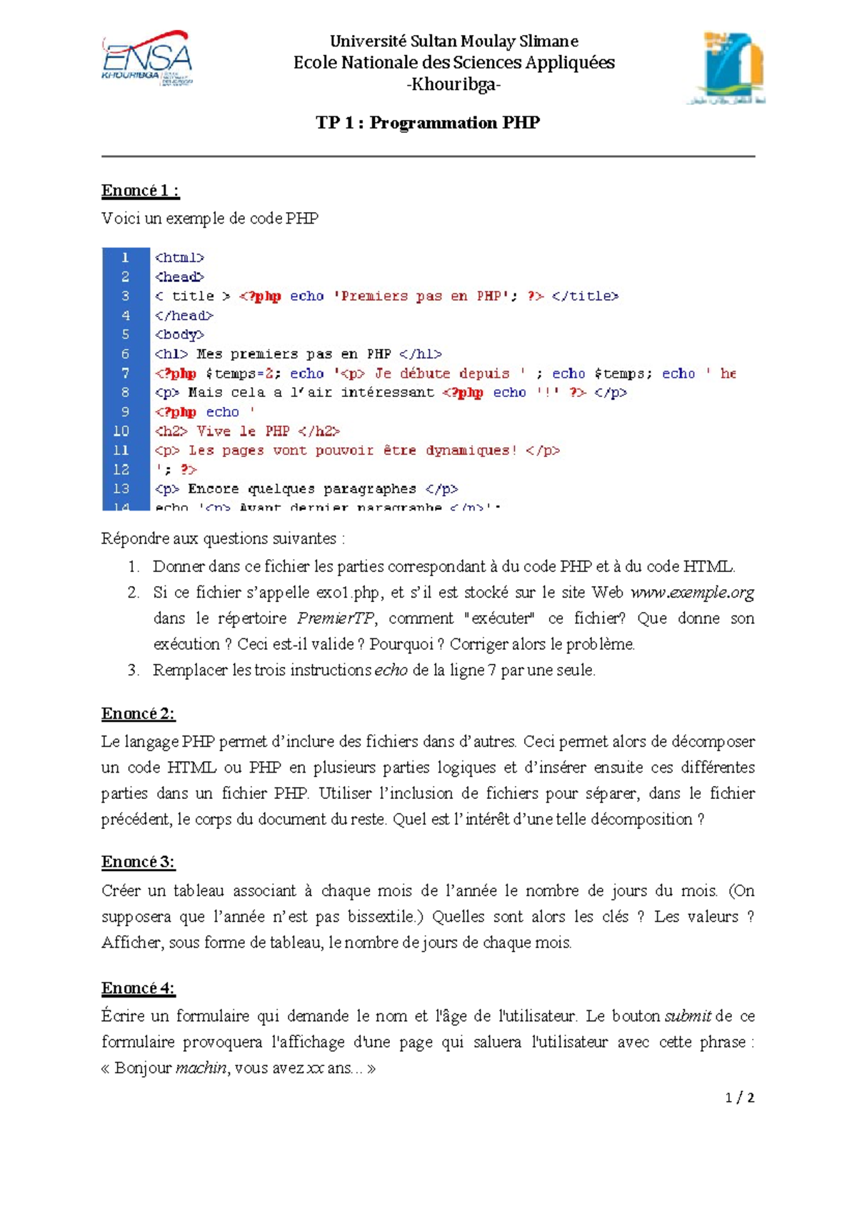 TP1 PHP - Exercice de Programmation Web et Code PHP - Studocu