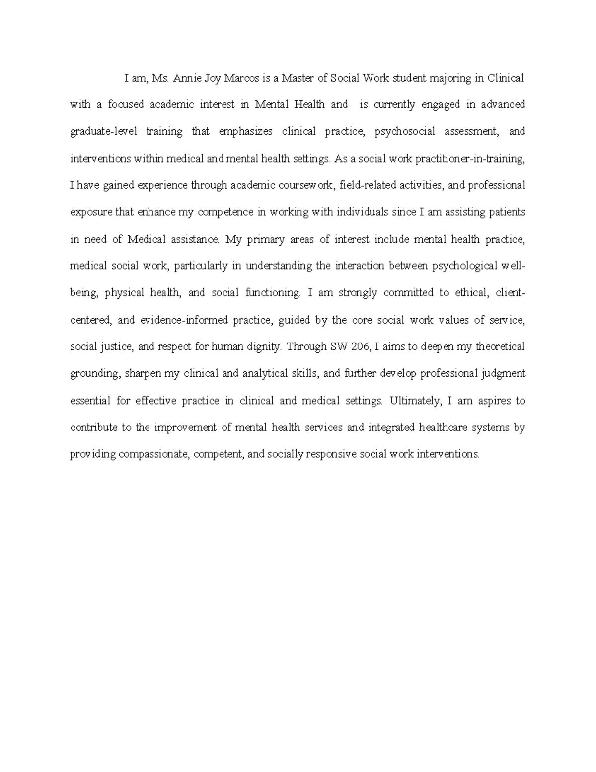 SW 206: Ms. Annie Joy Marcos - Bio & Clinical Focus Notes - Studocu