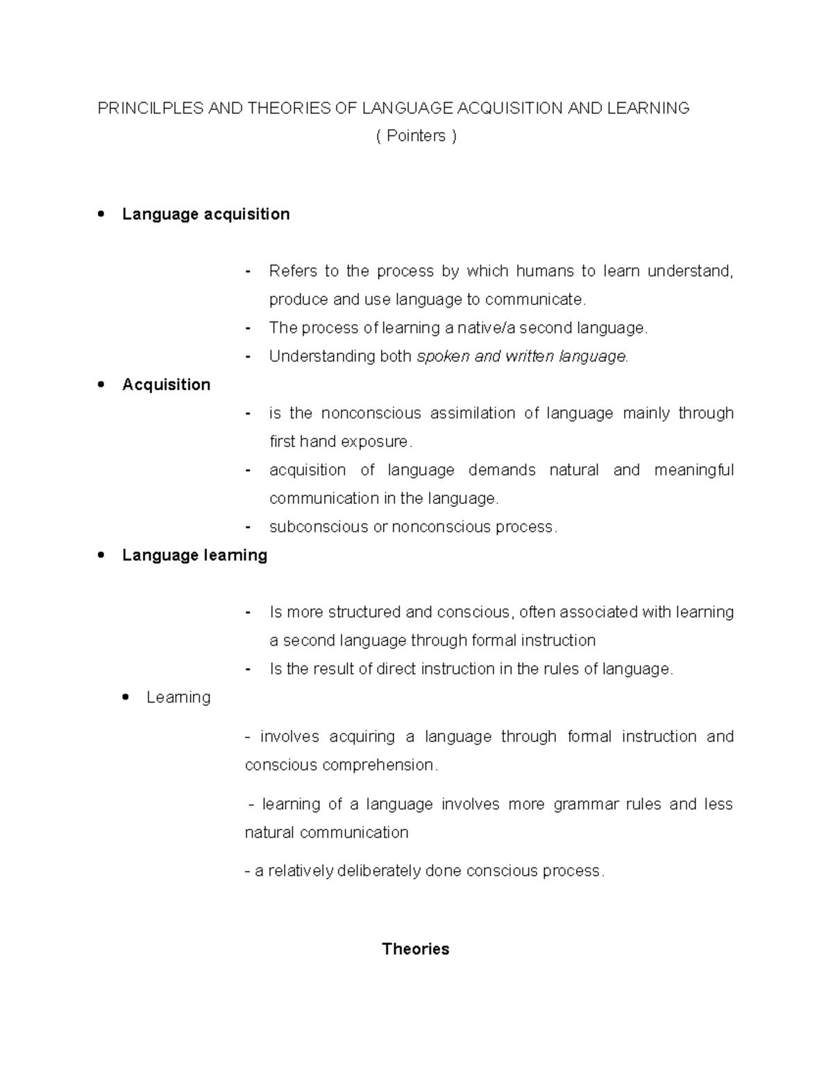 Principles & Theories of Language Acquisition - Pointers for MON 101 ...
