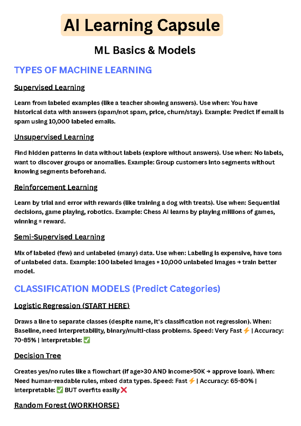 AI ML Basics: Types of Machine Learning Models and Techniques - Studocu
