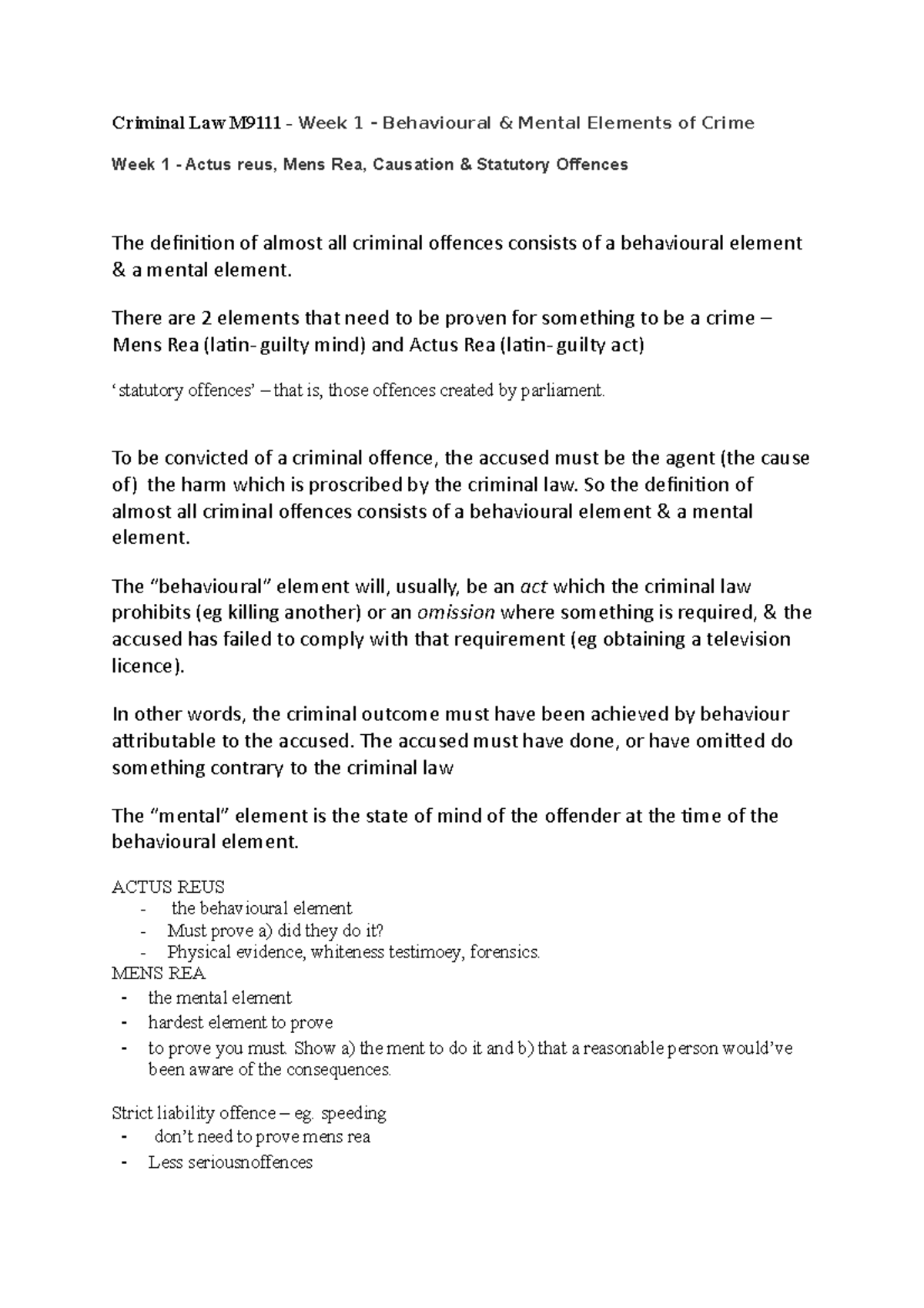 Criminal Law M9111 - Lecture 1: Actus Reus and Mens Rea Explained - Studocu