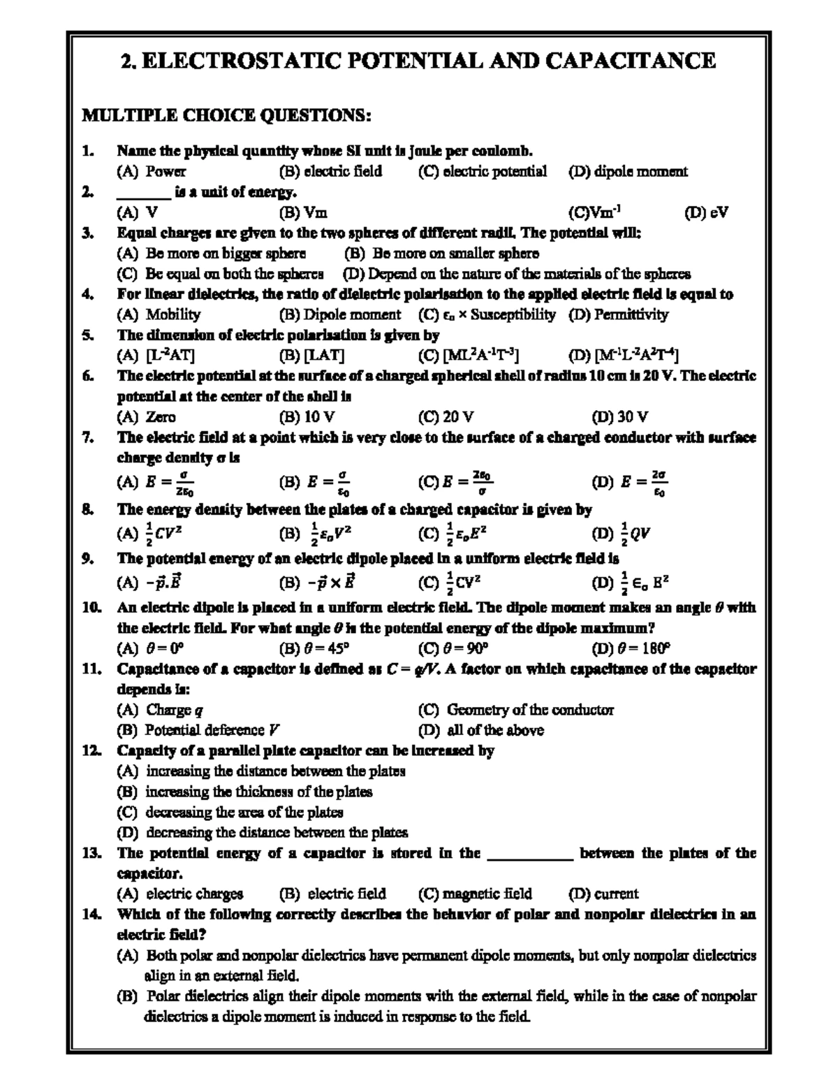 2. Electrostatic Potential and Capacitance MCQs and Answers - Studocu