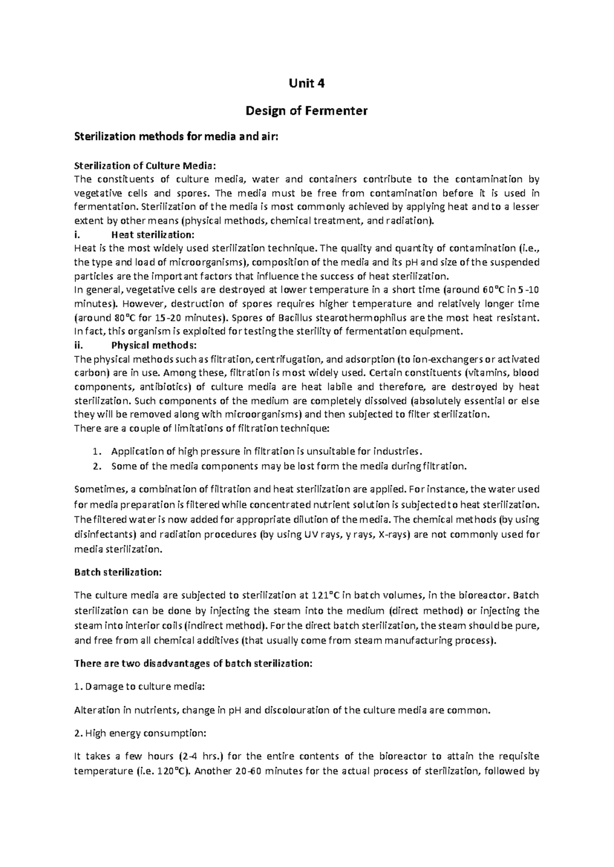 Unit 4: Sterilization Methods for Media and Air in Fermentation - Studocu