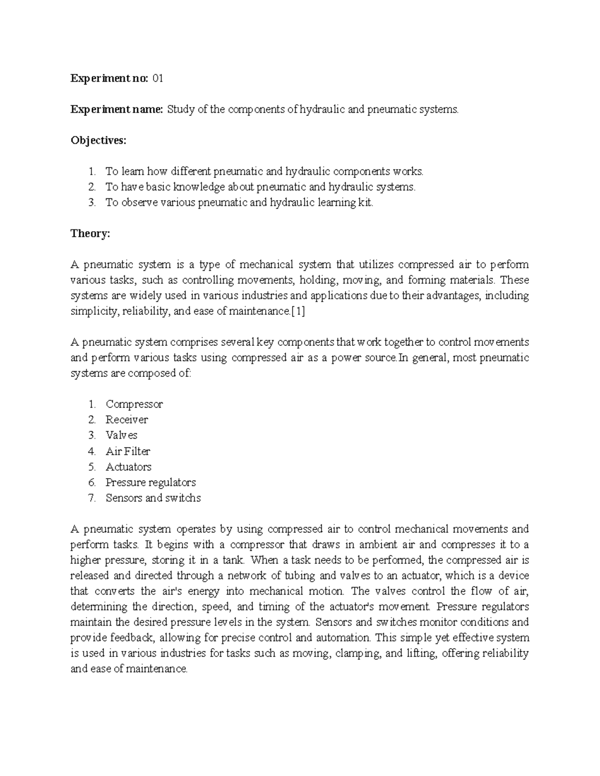 Studty of pneumatic and hydraulic systems - Experiment no: 01 ...