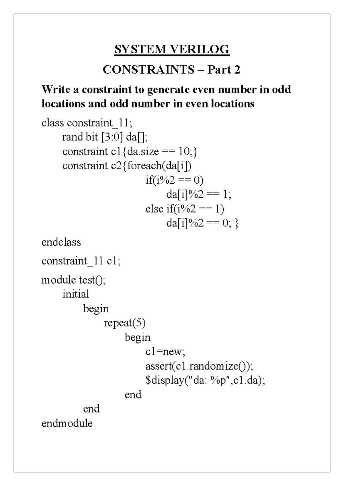 Constraints in System Verilog - Part 2 (CS101) - Studocu