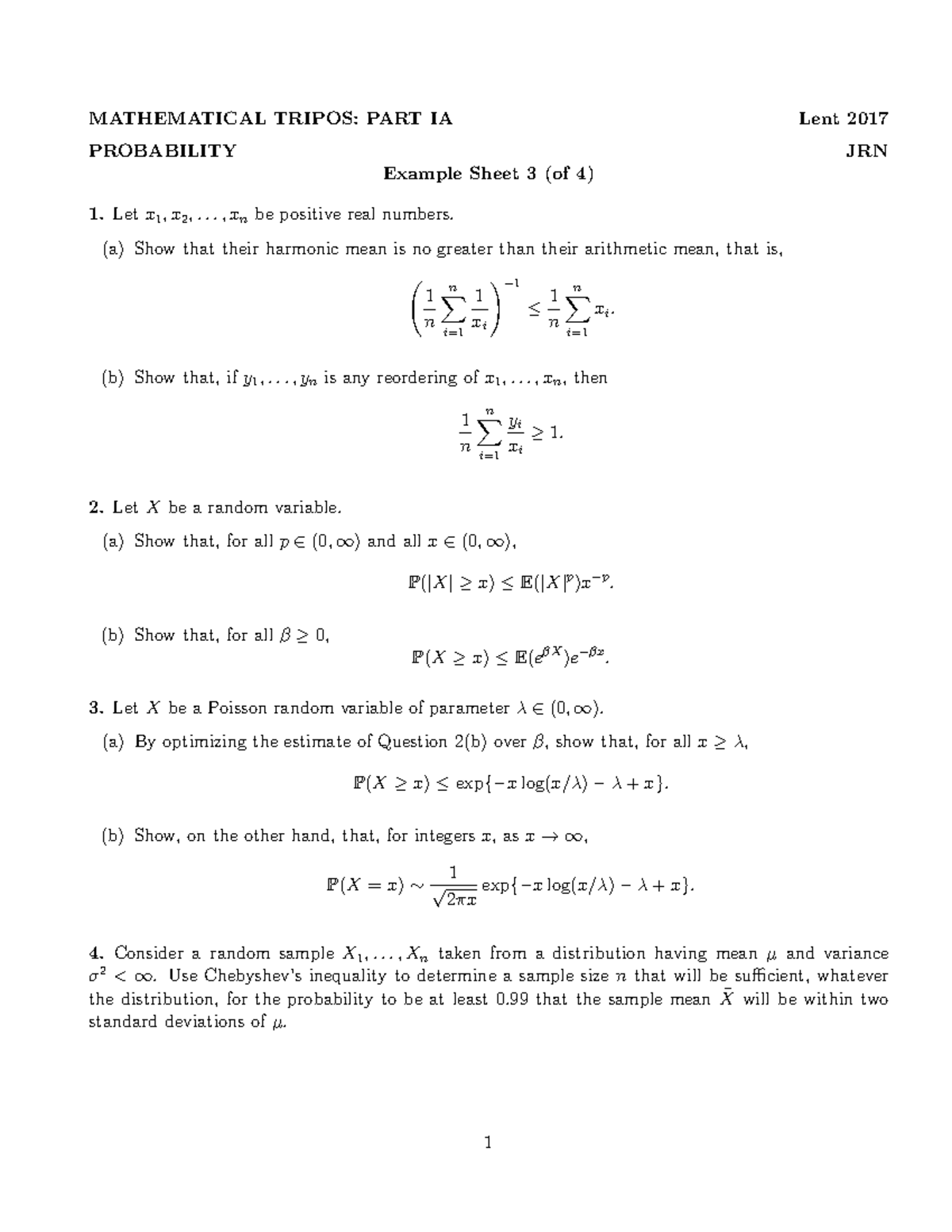 Probability Example Sheet 3 - Mathematical Tripos Part IA 2016-2017 ...