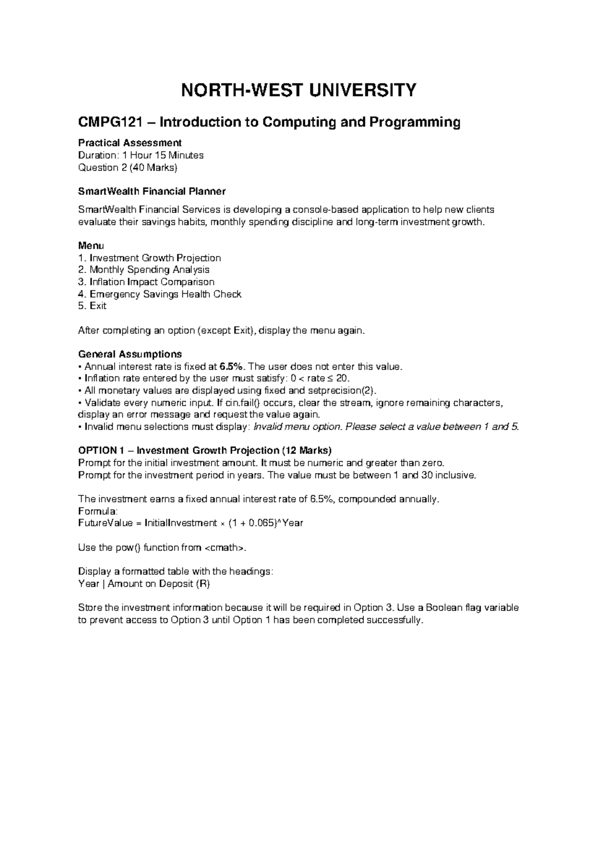 CMPG121 Practical Assessment: SmartWealth Financial Planner Q2 - Studocu