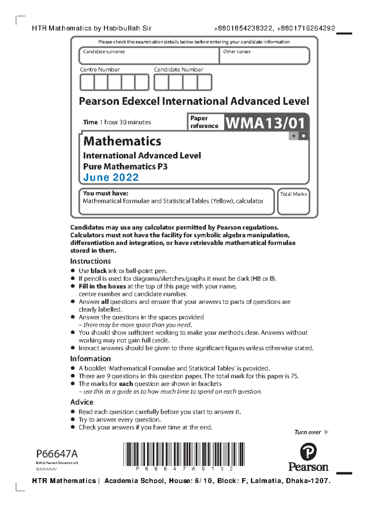 Edexcel IAL Statistics S2 Oct 2022 QP - Centre Number Candidate Number ...