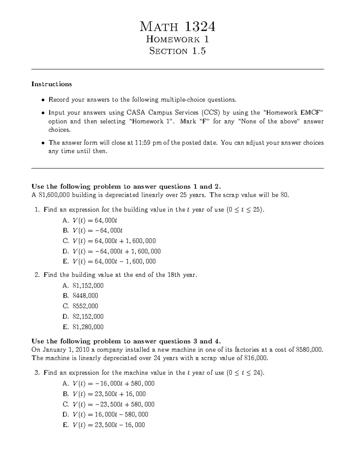 Math 1324 Homework 1: Depreciation and Profit Calculations - Studocu
