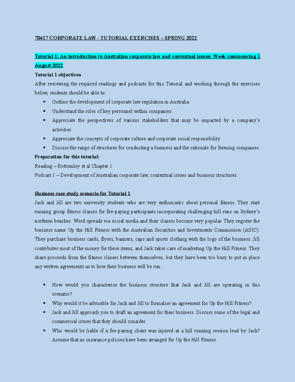 Spring 2022 Corporate Law Tutorial Exercises - Week Commencing August 1 ...