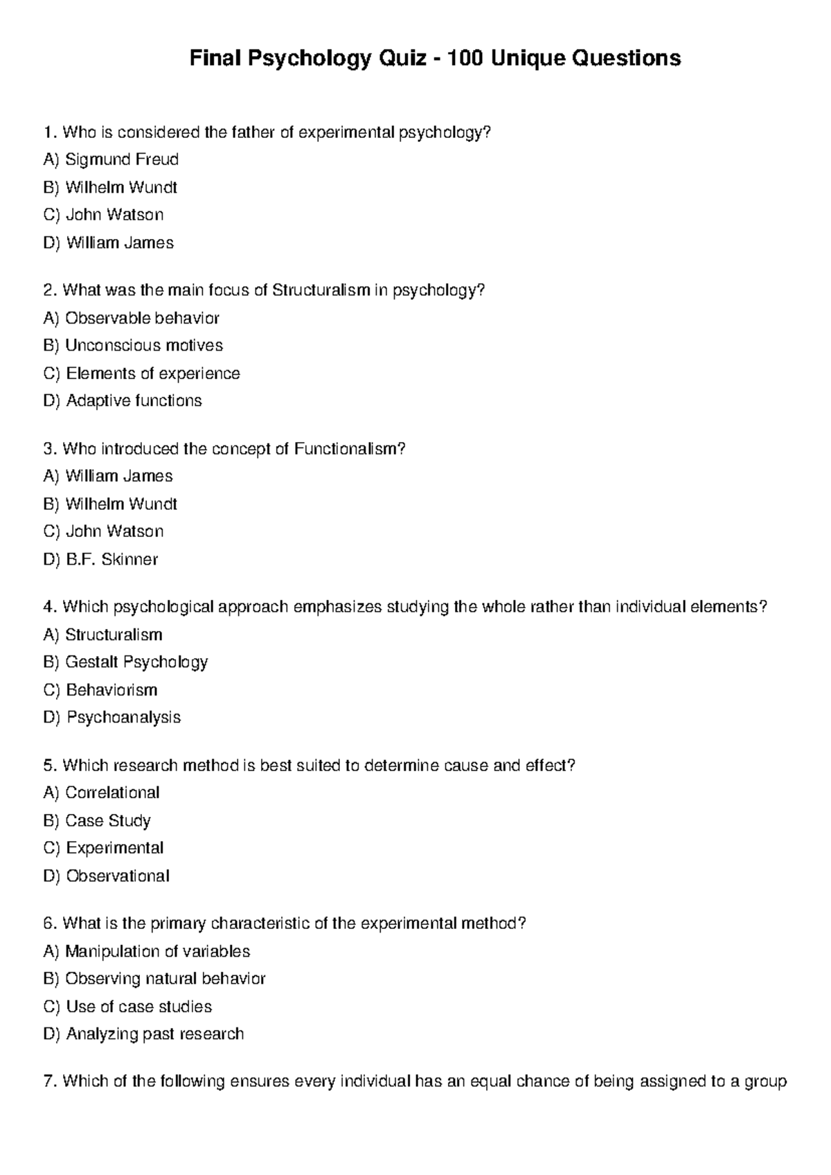 Final PSY 101 Quiz: 100 Unique Questions on Psychology Concepts - Studocu