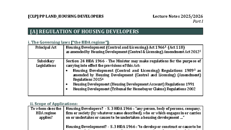 PP LAND_HOUSING DEVELOPERS Lecture Notes Part I: Regulation of Housing ...