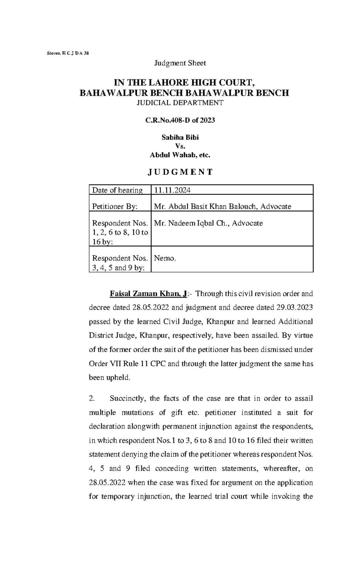2024LHC5093 - Jhkhjjjkkhhhjj - Stereo. H C J D A 38 Judgment Sheet IN ...