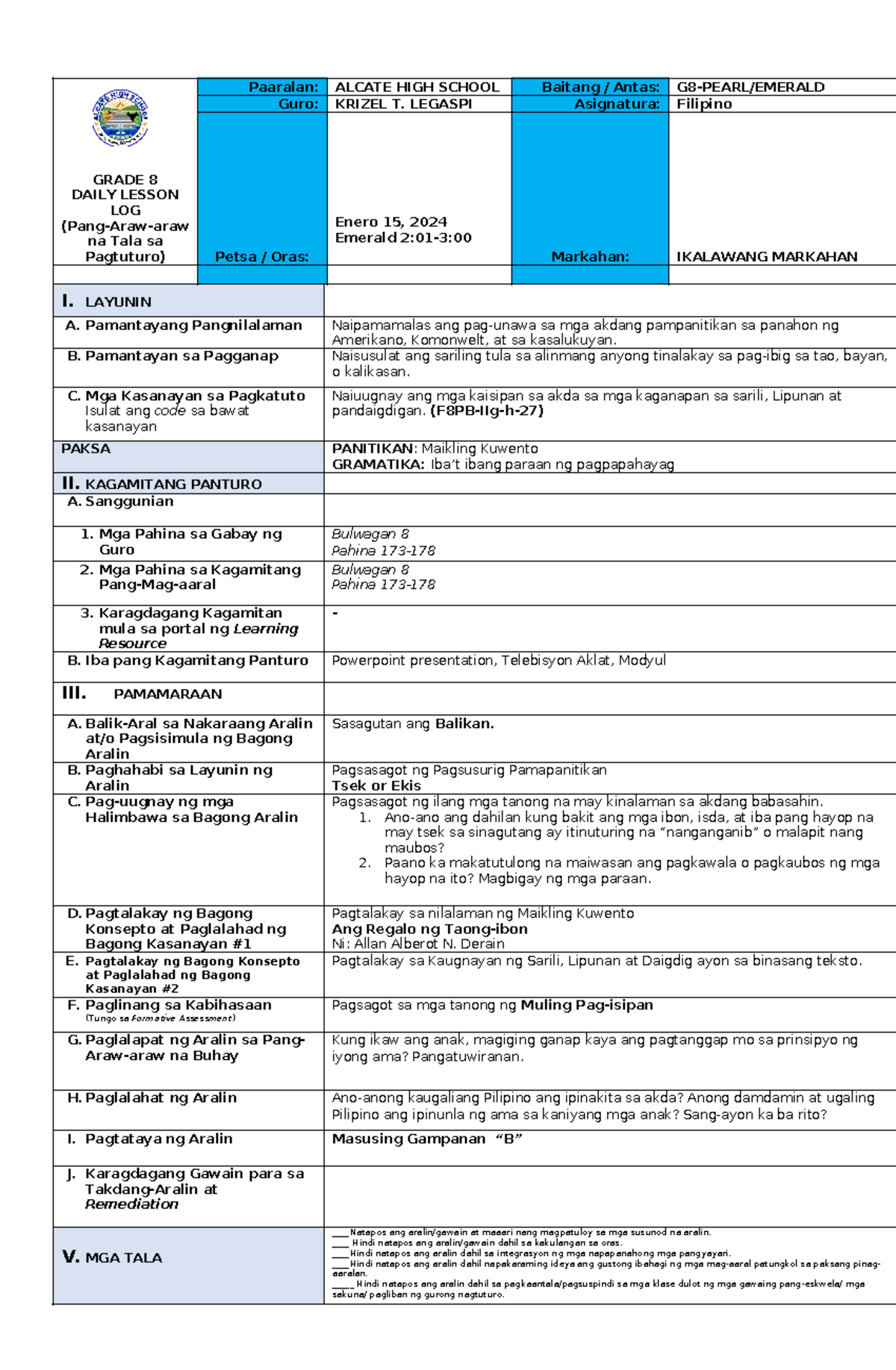 Filipino Lesson Plan G8 - Daily Log for Jan 15, 2024 - Studocu