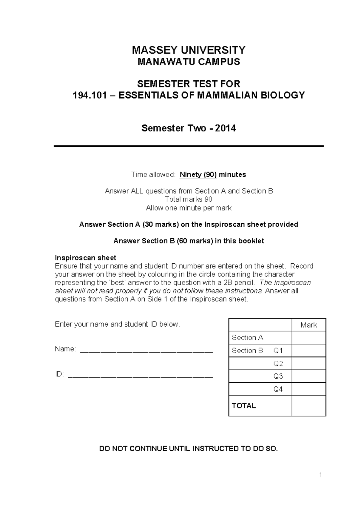 Test 2014, questions - MASSEY UNIVERSITY MANAWATU CAMPUS SEMESTER TEST ...