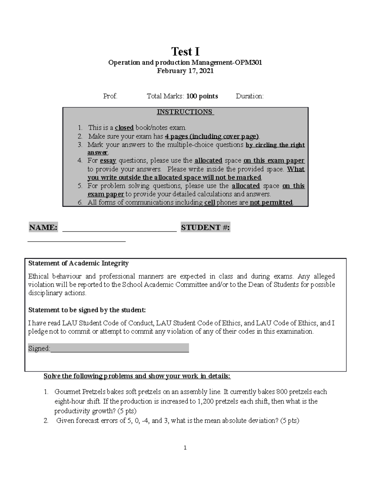 Previous Test: OPM 100 - Operation & Production Management Exam Notes ...