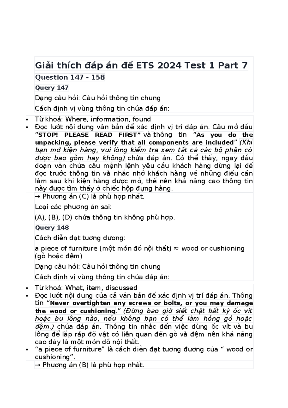 RC Test 1 - Giải thích đáp án ETS 2024 Part 7 - Studocu